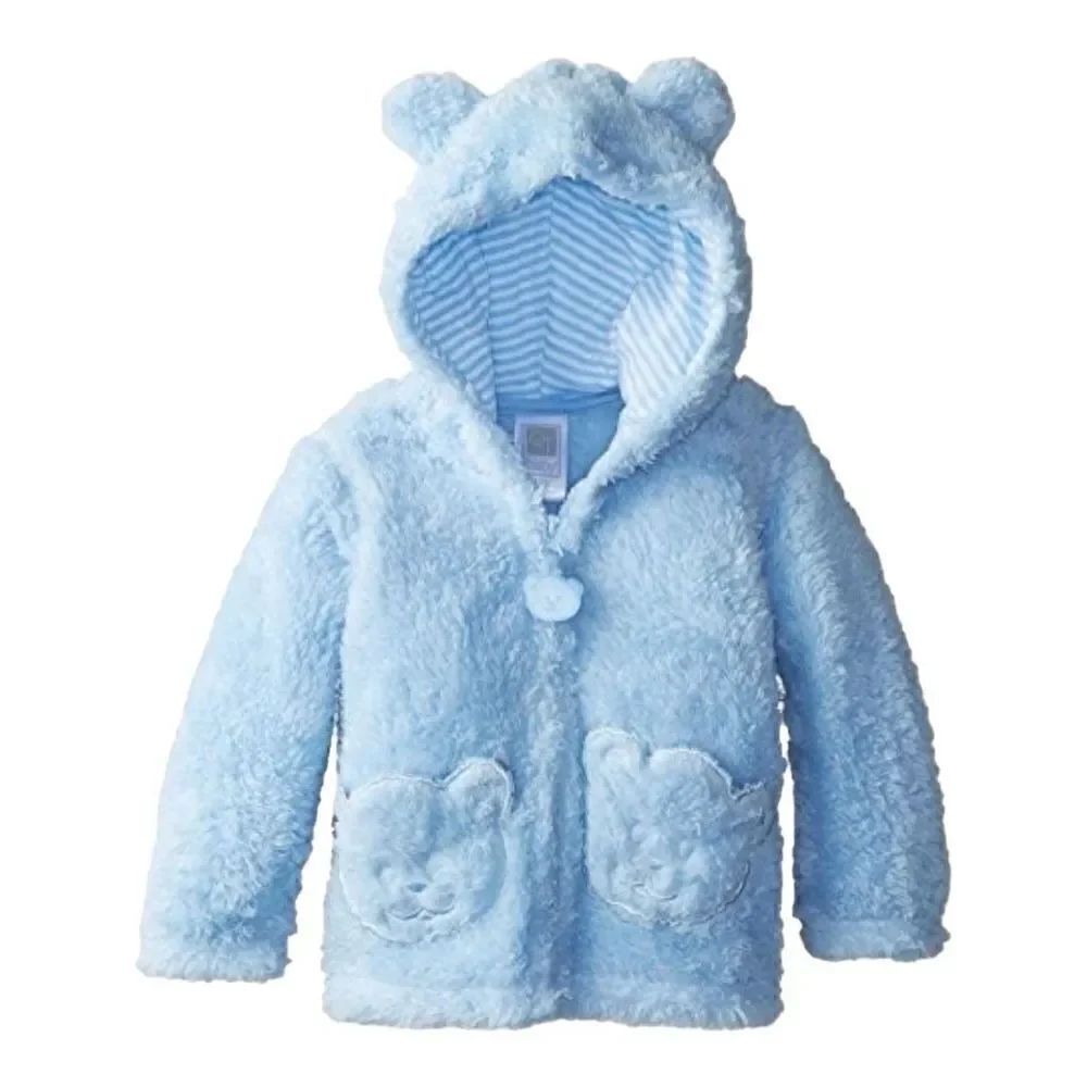 NWT Baby Boys QT Sherpa Mid Weight Blue Fuzzy Sherpa Jacket w Ears - Sz 3-6 mo